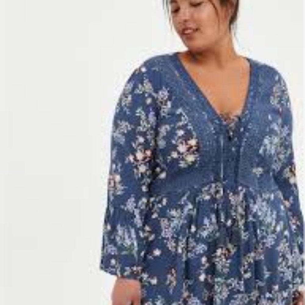 VINTAGE INDIGO FLORAL GAUZE LACE-UP BABYDOLL